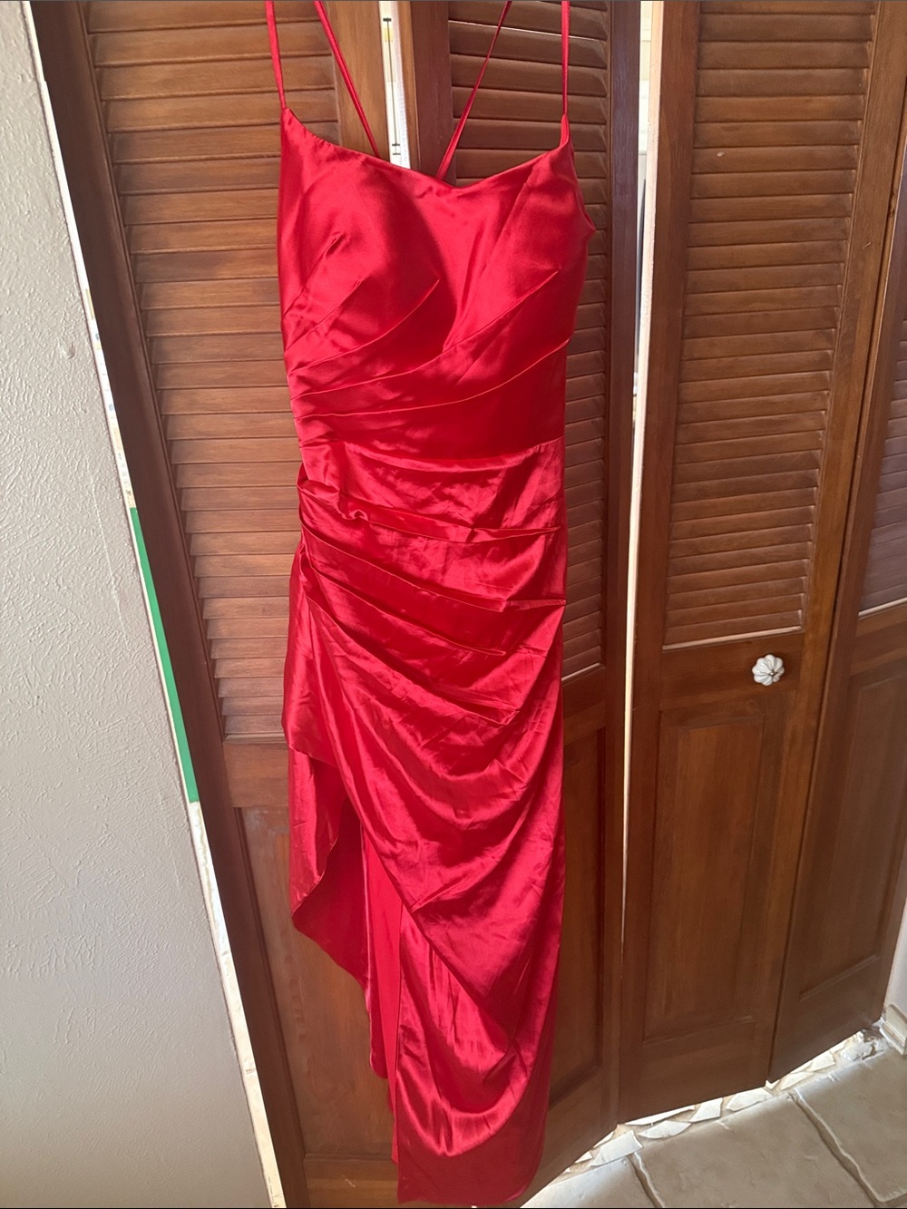 Elegant Red Satin Slip Dress with Draped Asymmetrical Skirt